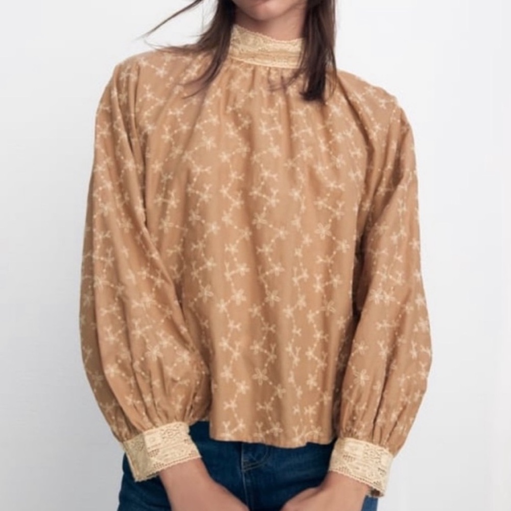 ZARA NEW Embroidered Blouse Beige Tan Small Button Cuffs Romantic Victorian - Picture 13 of 15